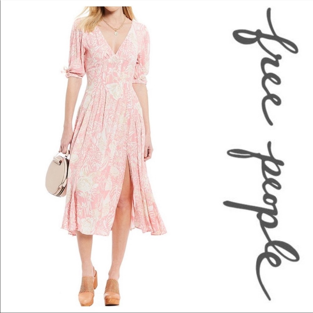Free People Forever Always Midi Dress Pink Combo Floral Boho Size 2